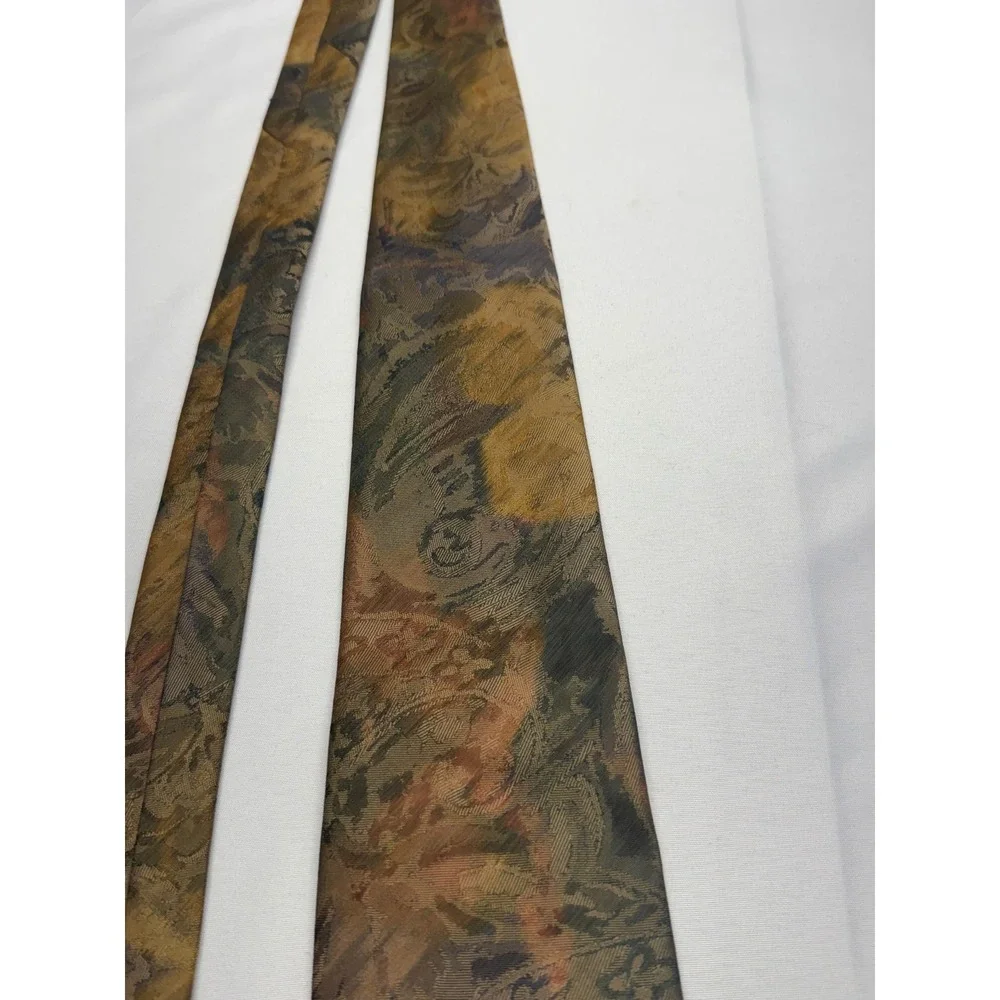 Oscar de la Renta Studio Silk‎ Tie Abstract Paisley Floral Gold Olive Brown USA